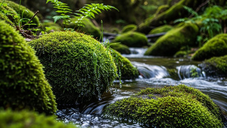 Close-up of moss-covered rocks in a flowing stream, with water droplets clinging to the moss and lush greenery surrounding.の素材