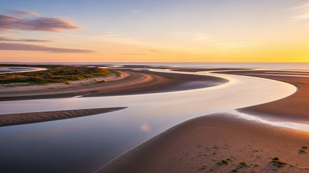 Serene showing winding river on a sandy beach at sunset with warm golden light keywords: river, beach, sand, water, ocean, sea, coastline, shore,...の素材