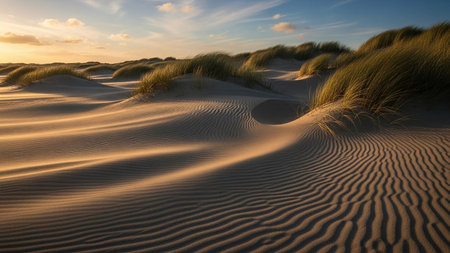 Warm sunset light illuminates rippled sand dunes covered in windblown grass under a cloudy sky.の素材