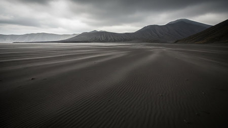 Dark sand dunes with wind patterns stretch towards distant volcanic mountains under a dramatic, overcast sky.の素材