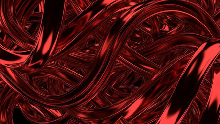 Abstract red metallic twisted tubes create a complex, shiny, and glossy background pattern with reflections.の素材