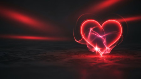 A glowing red heart shape with light streaks on a dark textured surface. Clear details and vibrant colors enha...の素材