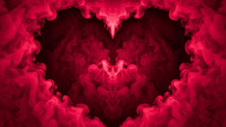 Fiery red smoke swirls dramatically to form a heart shape against a dark background.の素材