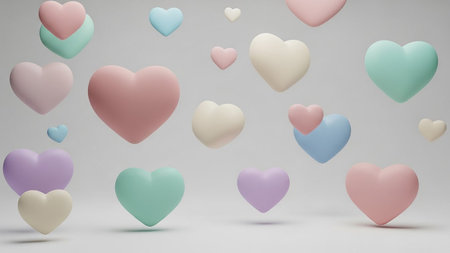 A collection of pastel colored heart shapes gently floating against a clean white background.の素材