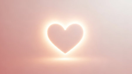 A single heart shape glows with a soft, bright light aura against a blurred pink background.の素材