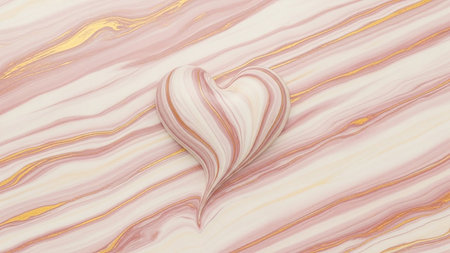 A 3D heart sculpture with pink, white, and gold swirls rests on a pink and gold marble surface.の素材