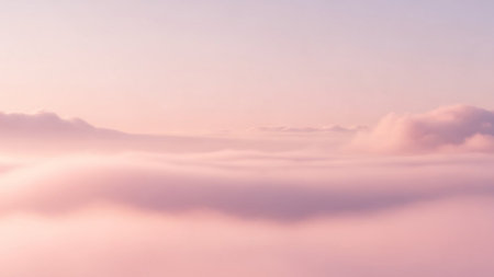 Soft pink clouds fill the sky with a gentle light, creating a dreamy and serene atmospheric view.の素材