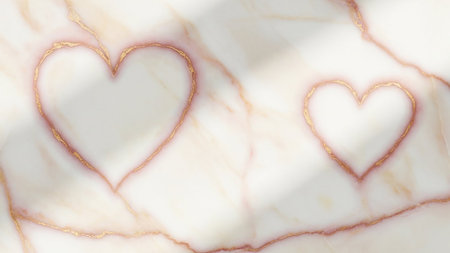 Two heart outlines on a light marble texture with rose gold veins Clear details and vibrant colors enhance vis...の素材