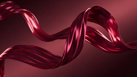 A smooth, swirling metallic red ribbon creates an abstract, flowing background with soft lighting.の素材