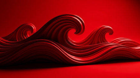 Abstract stylized red waves with a glossy texture and dramatic lighting create a dynamic and powerful visual.の素材