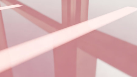 Abstract geometric shadows in soft pink hues cast on a bright white wall with subtle light.の素材