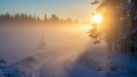 Golden sunrise illuminates a misty winter forest with snow-covered trees and a winding path.の素材