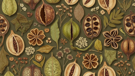 Dried showing assortment of dried seed pods and botanical elements on a green background keywords: dried,...の素材