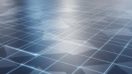 Visual showing abstract geometric grid with blue light lines on reflective surface keywords: abstract, geometric, grid, lines, blue, light,...の素材