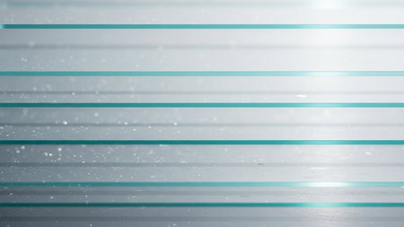 Abstract background with horizontal lines in shades of gray and teal, with subtle floating particles and soft light effects.の素材