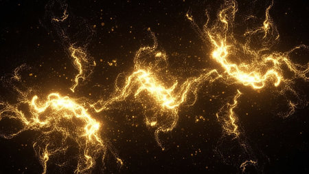 Abstract golden lightning strikes and sparkling particles create a dynamic, energetic pattern against a black background.の素材