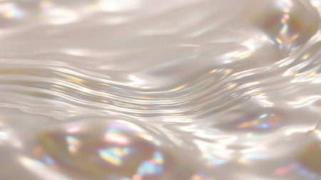 An abstract close-up of a shimmering, iridescent liquid surface with gentle waves reflecting a spectrum of rainbow colors.の素材