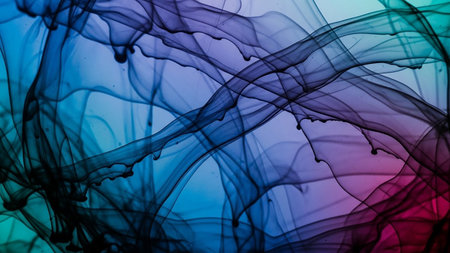 Abstract swirls of dark ink dissolving and spreading in water, creating a dynamic blend of blue, purple, and pink hues.の素材