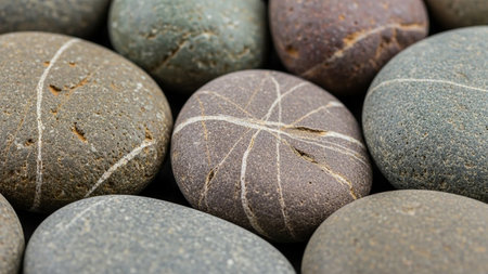 A close-up view of several smooth, polished river stones showcasing their unique natural veining patterns and earthy colors.の素材