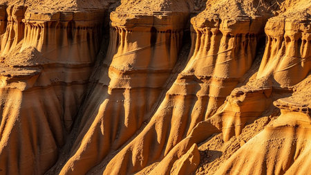 Detailed view of eroded sandstone layers showing intricate patterns and textures formed by natural forces in a desert environment.の素材