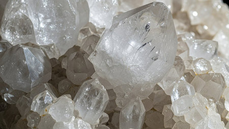 A close-up of a cluster of clear quartz crystals, revealing sharp geometric facets, internal inclusions, and sparkling light reflections.の素材