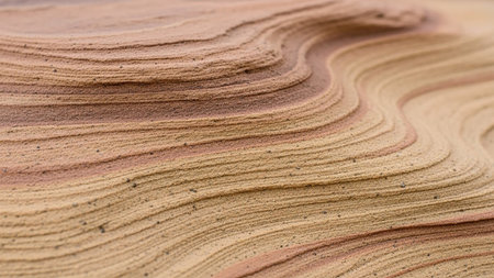 Detailed close-up of layered sandstone showing natural wavy textures and patterns in earthy brown and tan tones.の素材