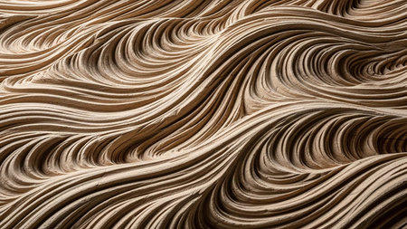 A close-up view of a detailed wood carving featuring flowing, wavy lines and natural grain, creating an organic and intricate textured surface.の素材
