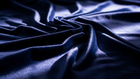 A dramatic close-up of dark blue fabric draped and twisted, with highlights and shadows emphasizing its texture and sheen.の素材