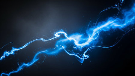 A bright, electric blue lightning bolt streaks dynamically across a dark, moody, and subtly textured background, conveying power and energy.の素材