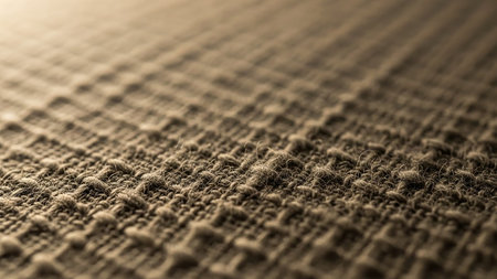 A detailed macro photograph showcasing the intricate woven texture of a brown fabric with a shallow depth of field.の素材