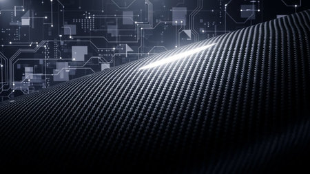 A futuristic carbon fiber texture is overlaid with a glowing circuit board pattern, creating a dark, high-tech background with intricate digital...の素材