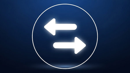 Two glowing white arrows pointing in opposite directions within a white circle on a dark blue background.の素材