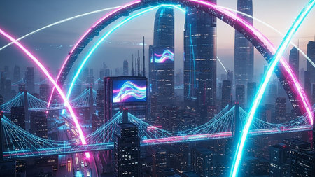 A futuristic cityscape at dusk with glowing neon light networks connecting skyscrapers and bridges, creating a vibrant digital web.の素材