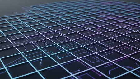A futuristic digital grid with glowing blue and purple circuit lines, representing technology and data networks.の素材