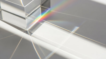 A clear glass prism refracts white light into a vibrant rainbow spectrum, casting sharp lines and rays onto a clean white background.の素材