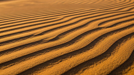 Golden sand dunes with intricate rippling wave patterns illuminated by warm sunlight, creating a textured surface.の素材