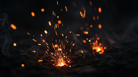 Bright orange sparks fly upwards from glowing embers on dark ground, with wisps of smoke in the background.の素材