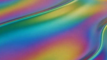 A smooth, wavy surface with an iridescent holographic sheen, displaying a spectrum of rainbow colors and reflecting light.の素材