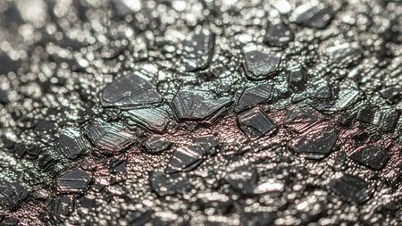 A macro view reveals intricate crystalline structures with a metallic sheen, showcasing a detailed and reflective abstract texture.の素材