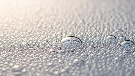Extreme close-up of many small water droplets covering a textured surface with soft lighting and reflections.の素材