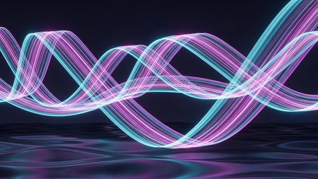 Intertwined neon ribbons of blue and pink flow and twist, resembling a DNA helix against a dark, reflective surface.の素材