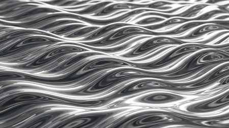 A close-up abstract view of undulating metallic waves with a highly reflective surface creating a sense of fluid motion and light play.の素材