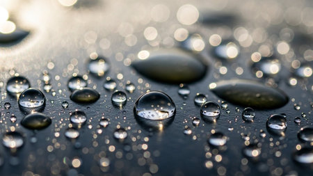 A collection of water droplets of various sizes on a dark, reflective surface, with bright bokeh lights in the background.の素材