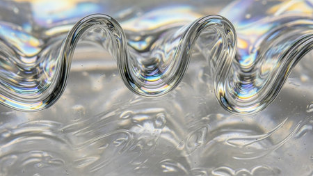 A close-up of clear, wavy glass showing refracted rainbow light and subtle textures, creating an abstract and visually dynamic pattern.の素材