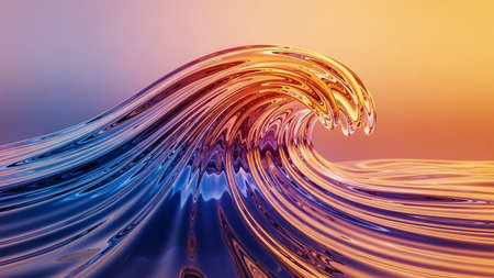 A dynamic abstract ocean wave cresting with iridescent blues, purples, and golden sunset light.の素材