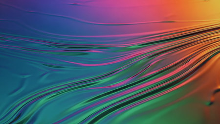 A dynamic liquid metal surface with smooth, flowing waves in vibrant hues of teal, green, pink, and orange, creating a metallic sheen.の素材