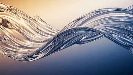 A smooth, flowing wave of liquid metal with golden and blue hues against a gradient background.の素材