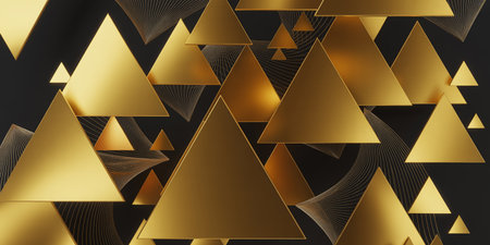 A luxurious abstract background featuring scattered golden triangles and delicate swirling lines against a dark textured surface.の素材