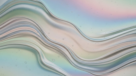 Abstract fluid with iridescent waves and small bubbles, set against a soft pastel gradient background, creating a dreamy, ethereal effect.の素材