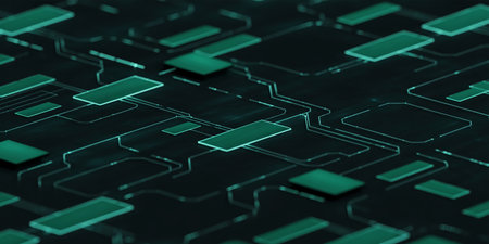 A futuristic abstract circuit board pattern in dark tones with glowing teal rectangular components and intricate connecting lines.の素材